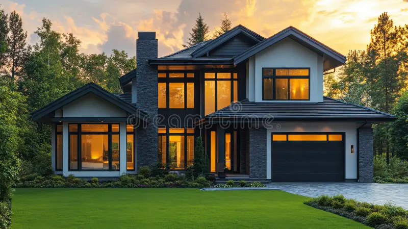 modern-luxury-house-exterior-sunset-warm-interior-lights-lush-green-lawn-343134353